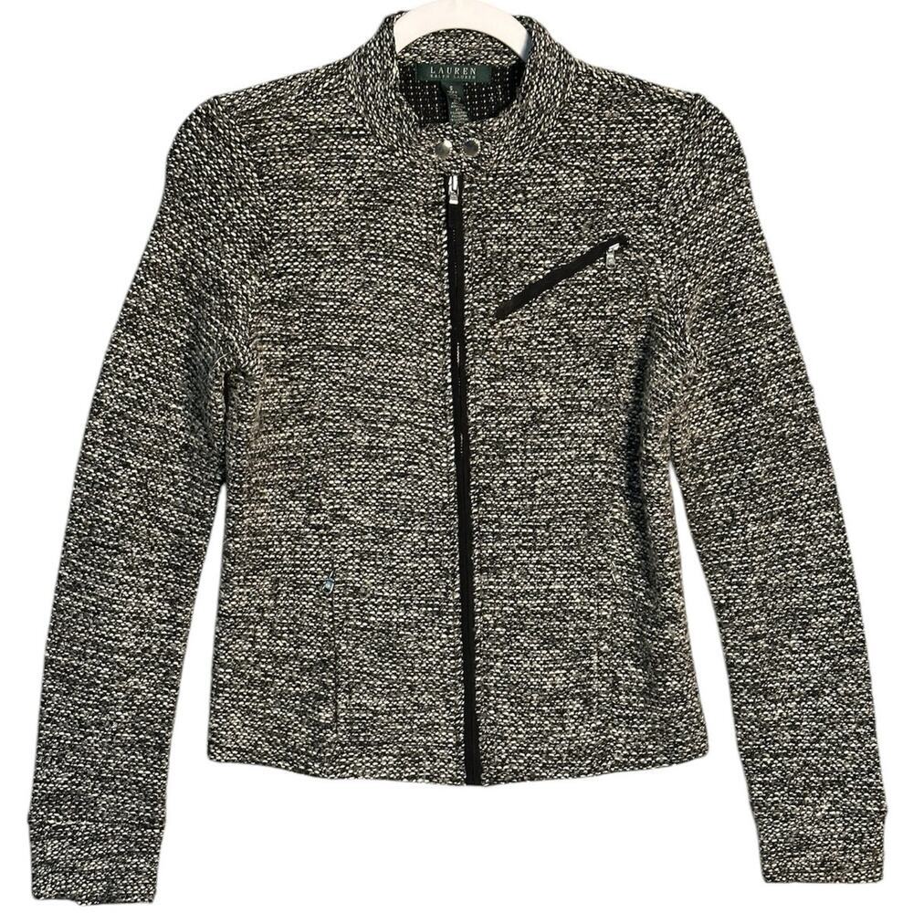 Lauren Ralph Lauren Sz S Full Zip Tweed Boucle Moto Jacket Mock Neck Zip Pockets